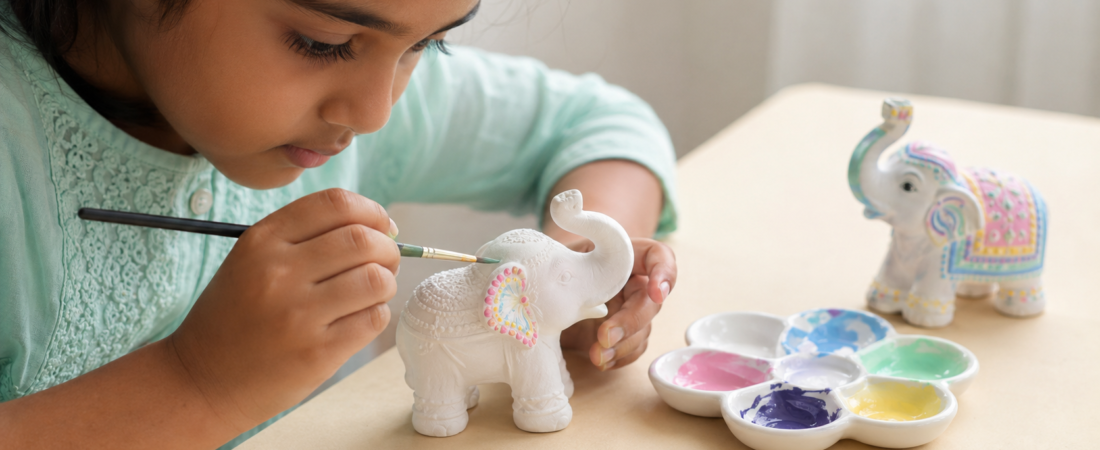 Child painting a plaster elephant figure