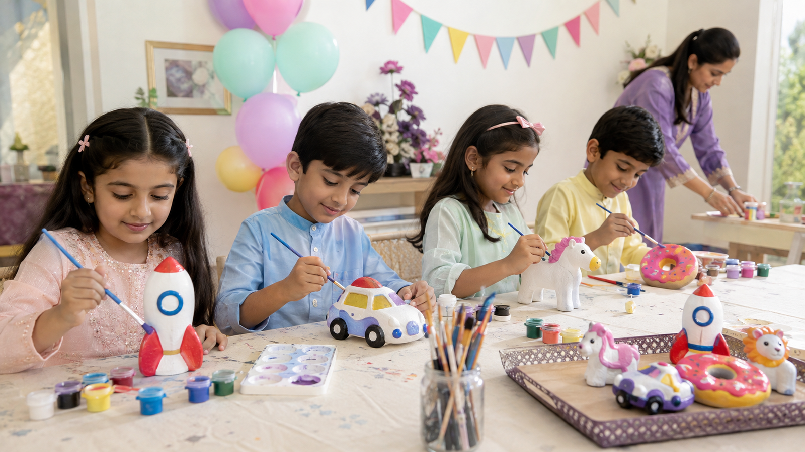 South Asian children painting plaster figures at a birthday party activity in Islamabad