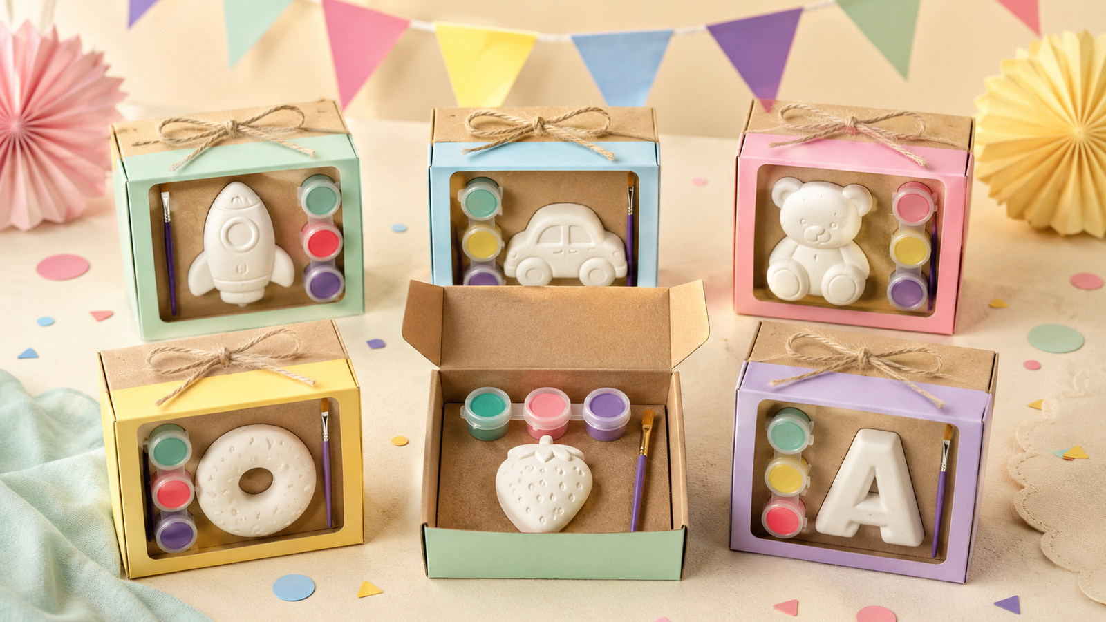 Individual plaster painting kits arranged as creative birthday return gifts for kids