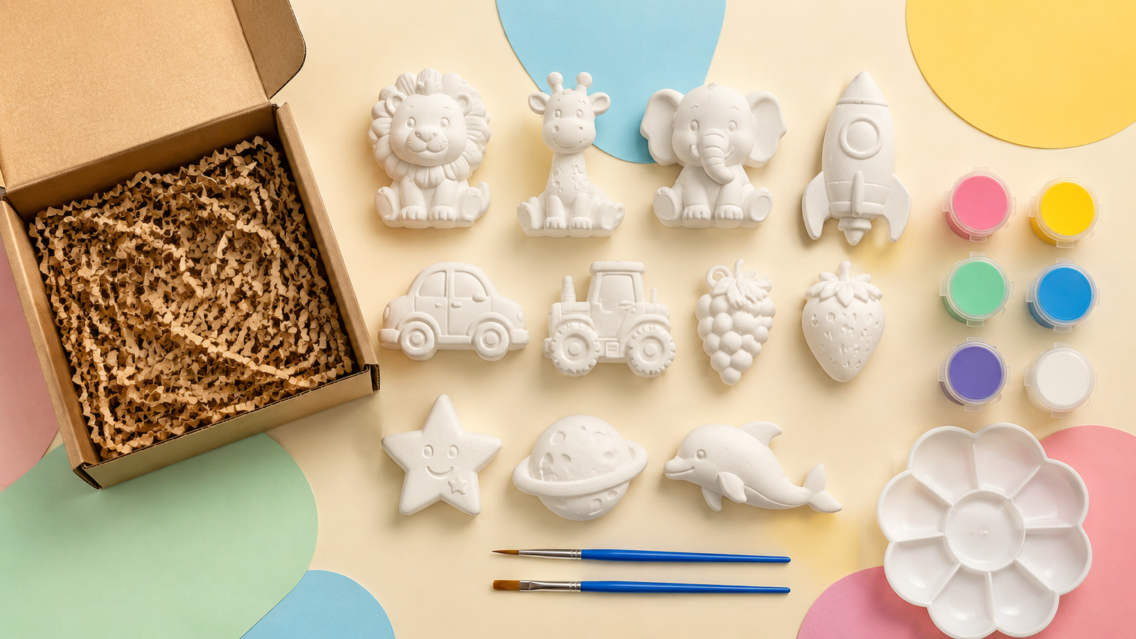 Top view of white plaster figures, paints, brushes and palette arranged as a DIY painting kit for kids