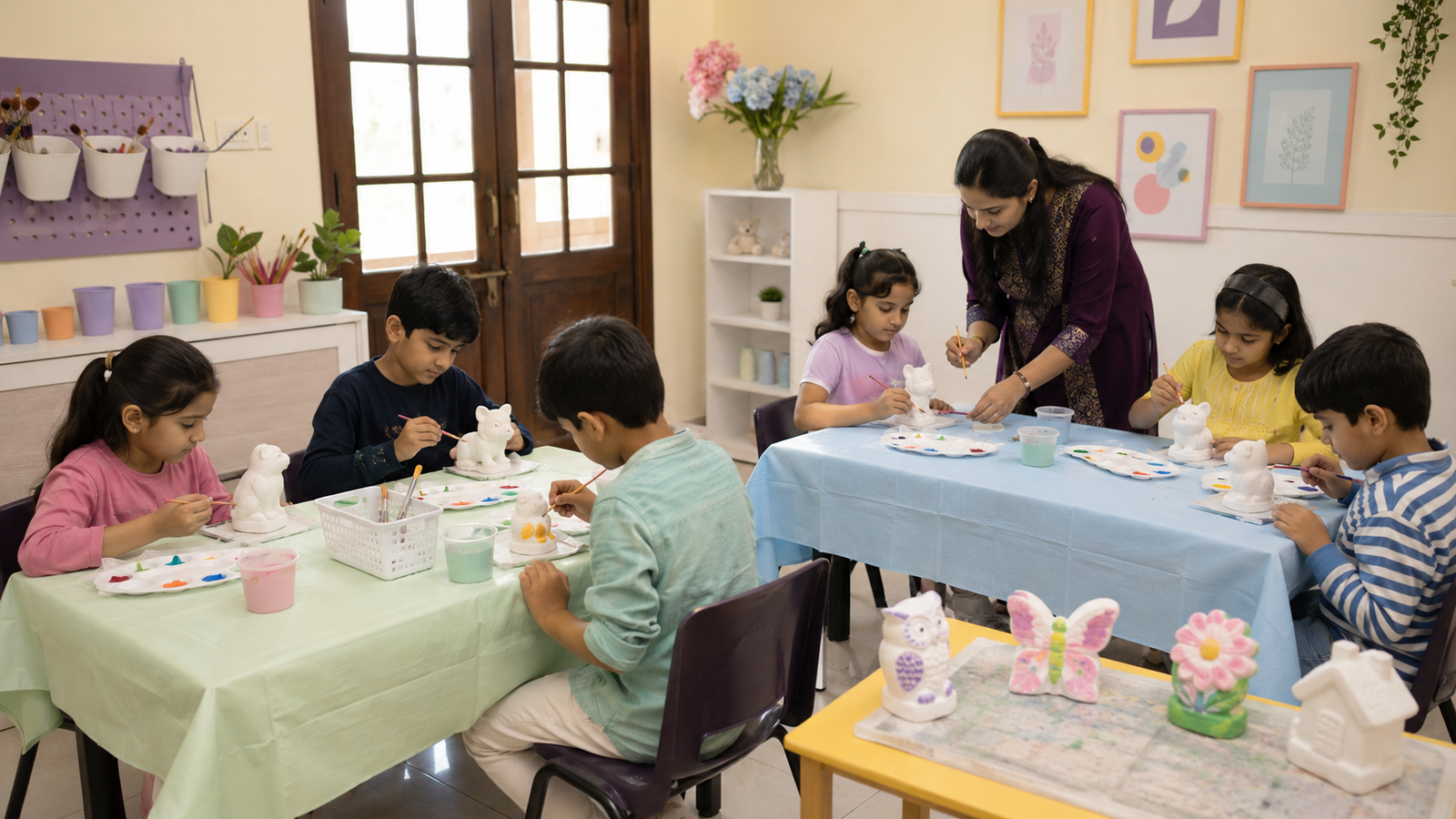 South Asian children painting individual plaster figures at an organized kids’ workshop in Islamabad