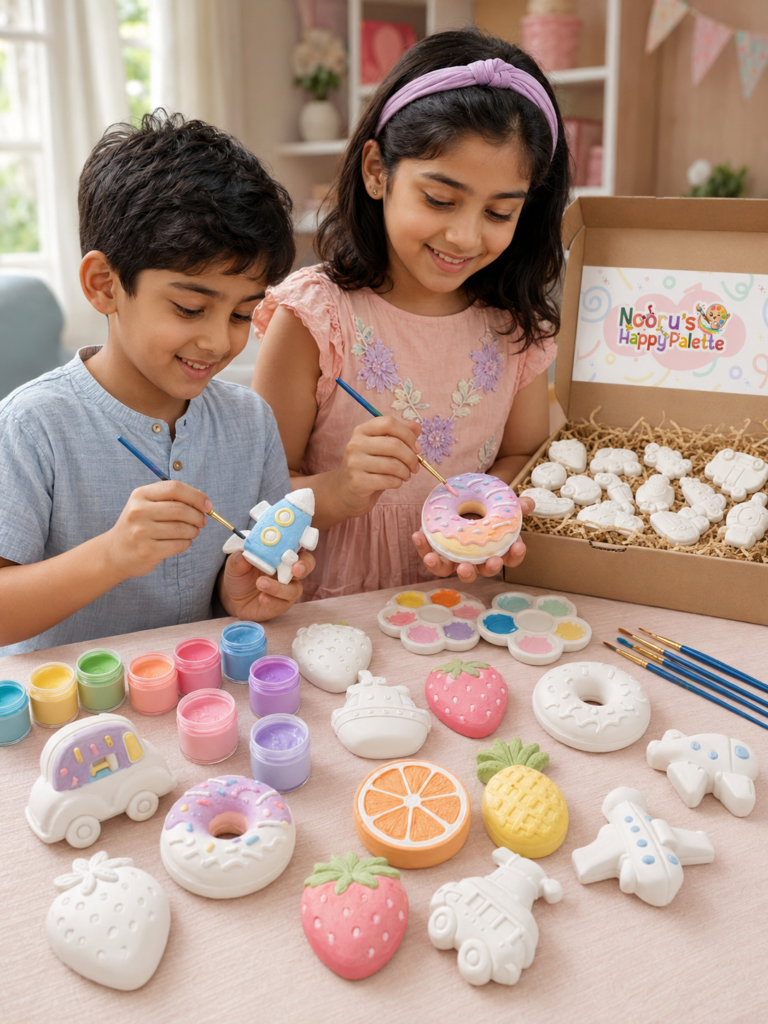 Siblings painting pastel plaster treasures